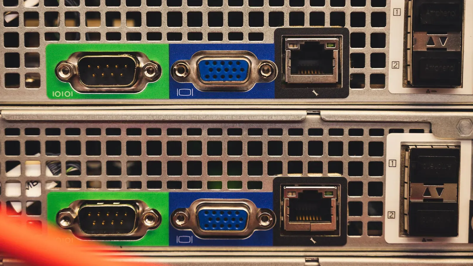 The rear ports of rack-mounted network equipment