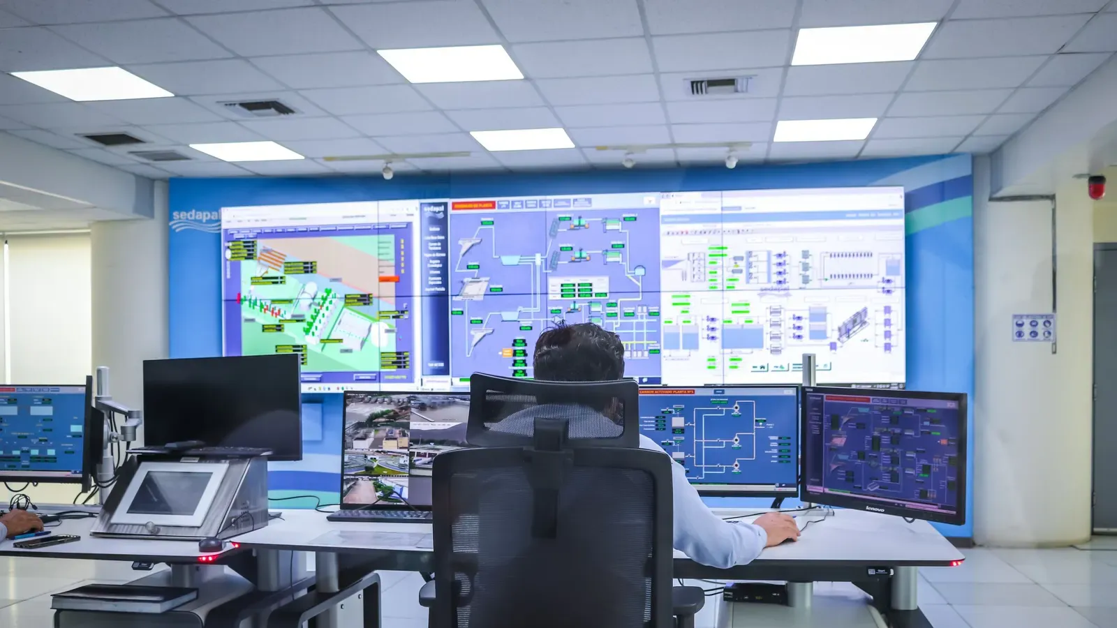 A security operations room with wall-mounted dashboards