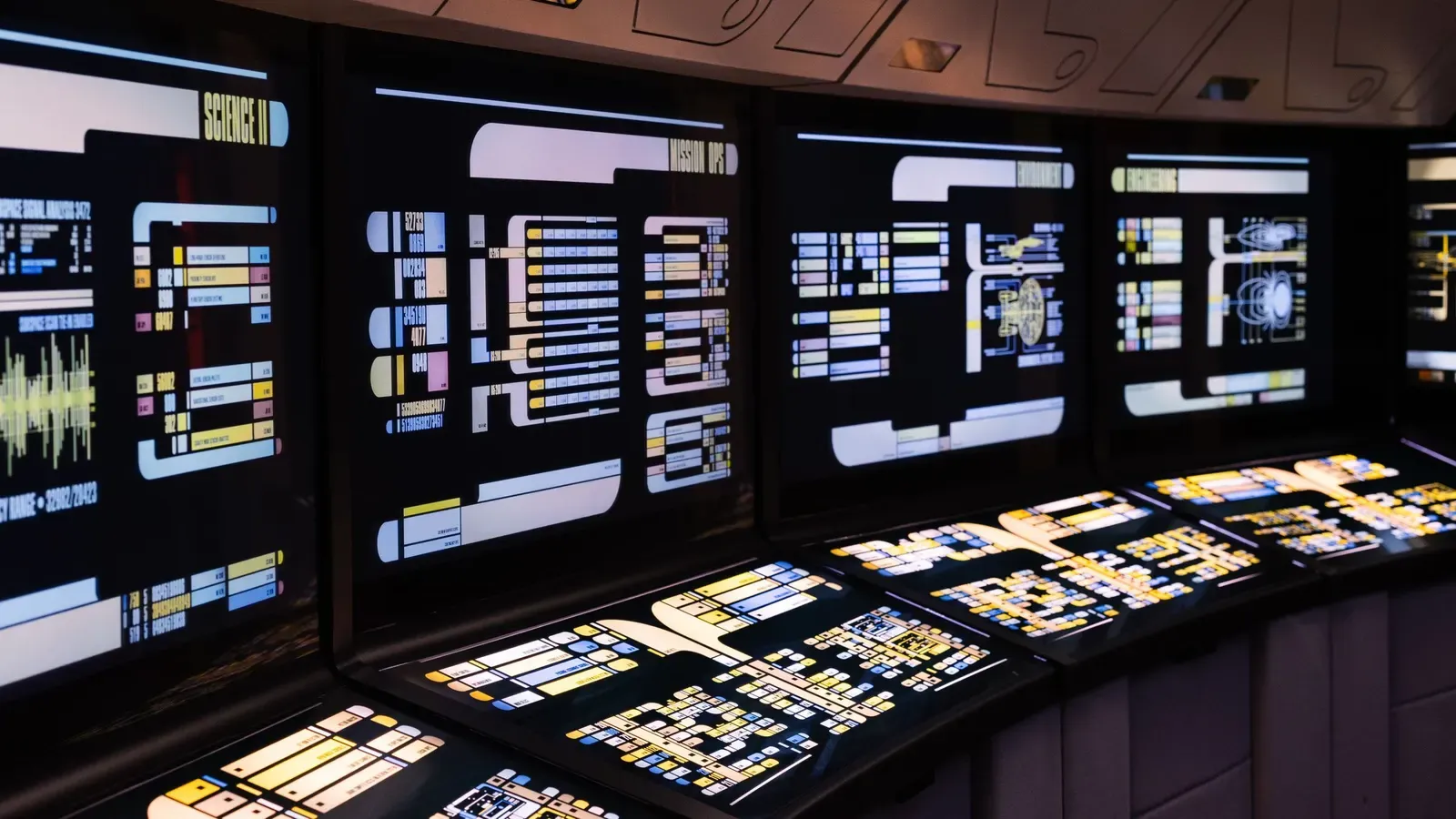 A wall of monitoring screens in a network operations center